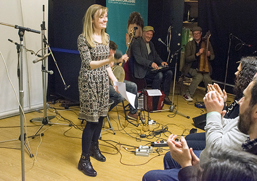 Emma Sweeney with Harp  & a  Monkey